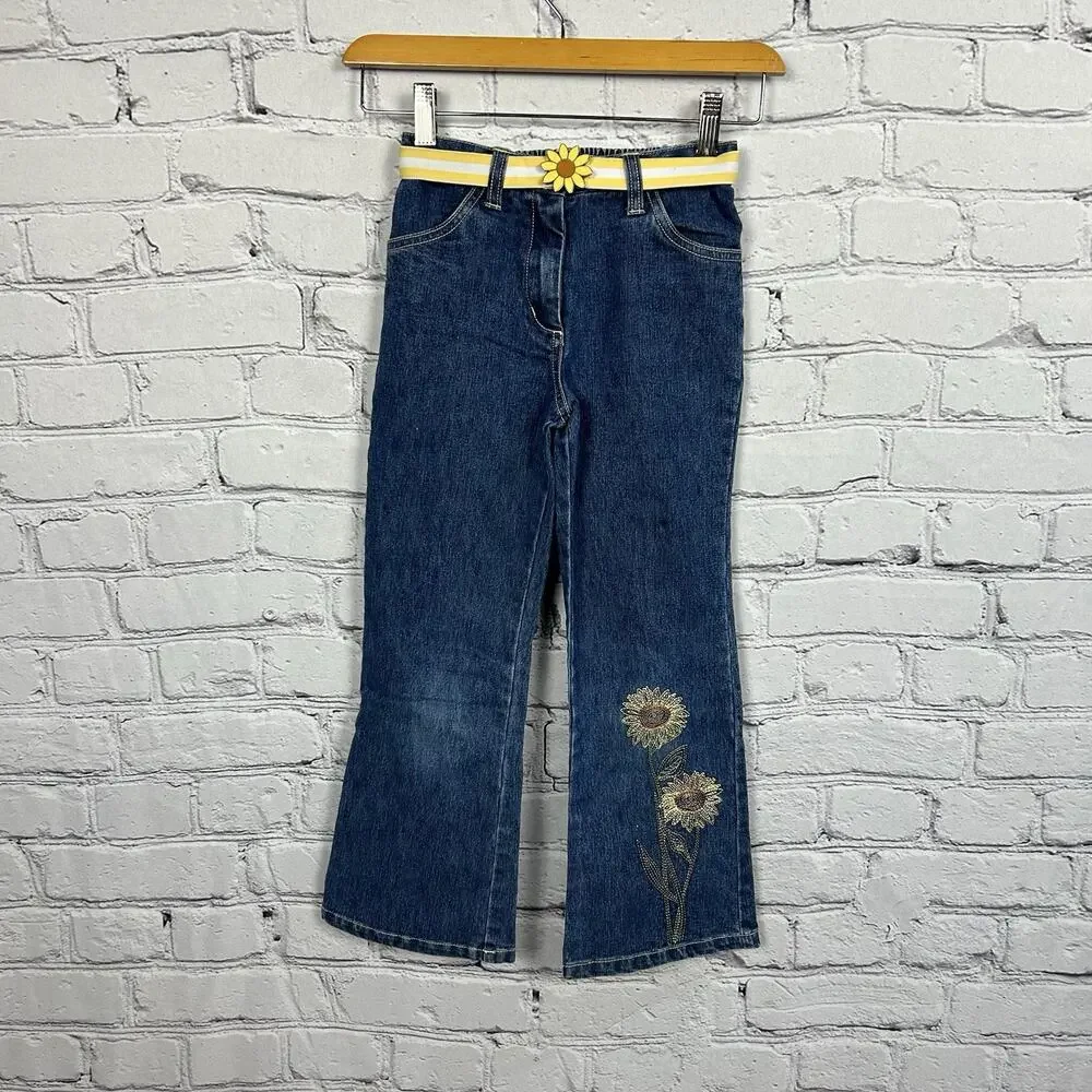 Gymboree Y2K Girls 7 Flare Jeans Belted Sunflower Embroidered Retro Denim